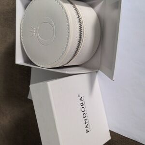 New Pandora White Round Jewelry Case +  Box,  Multi sections, Pouch, Travel